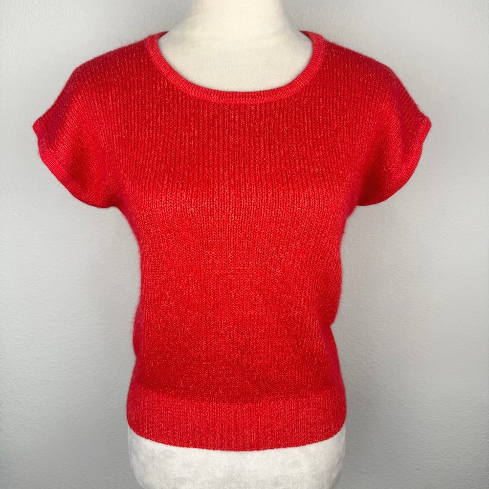 Vintage 90's Axiom Red Silk Angora Lambswool Short Sleeve Knit Sweater Sz Small
